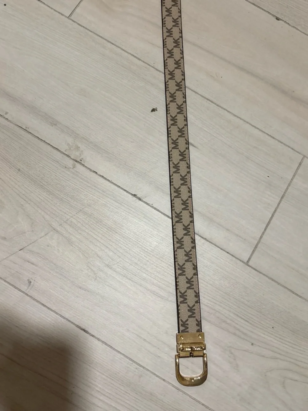 Michael Kors Tan and Brown Signature MK Canvas Belt with Gold Buckle